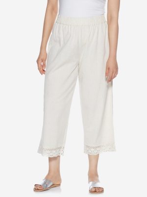 Diza Curve Off-White Cotton Detailed Palazzos