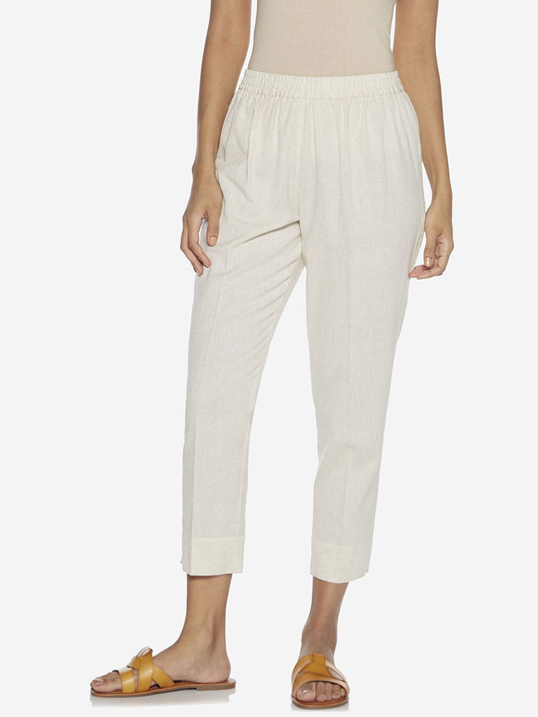 Utsa Off-White Solid Cotton Ethnic Pants - Image 2