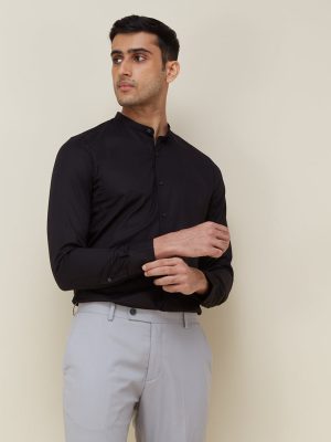 WES Formals Black Ultra Slim Fit Band Neck Cotton-Blend Shirt