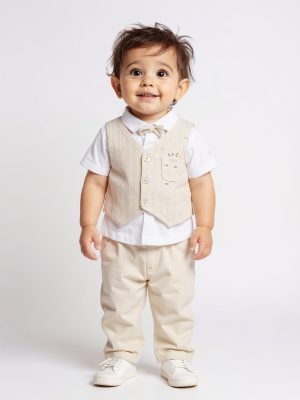 HOP Baby Beige Cotton Shirt. Waistcoat. Pants and Bow Set