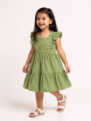 Utsa Kids Green Floral Embroidered Tiered Cotton-Blend Dress - (2-8yrs)