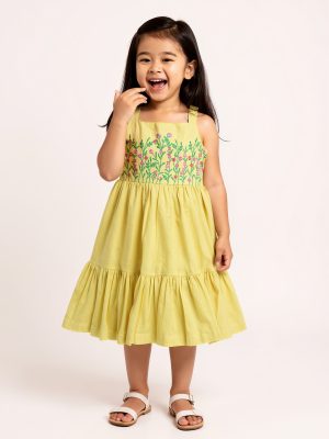 Utsa Kids Yellow Floral Embroidered Cotton-Blend Tiered Dress - (2-8yrs)
