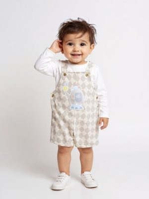HOP Baby Beige Printed Cotton Dungaree and T-Shirt Set