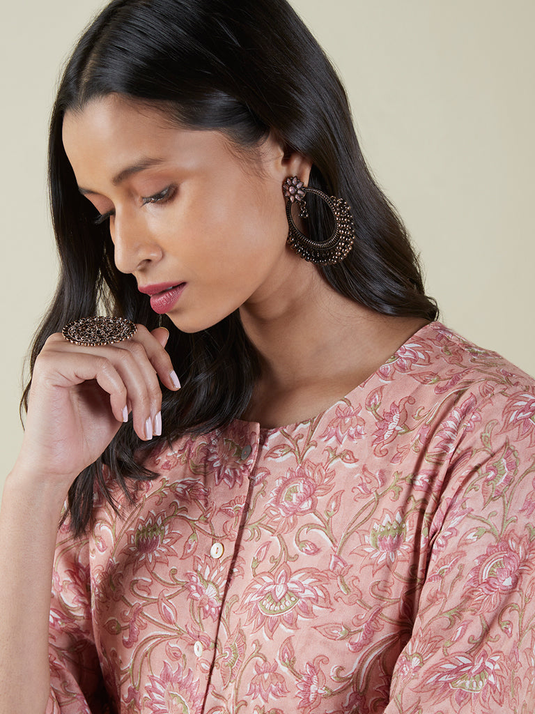 Zuba Peach Floral-Printed A-Line Kurta - Image 2