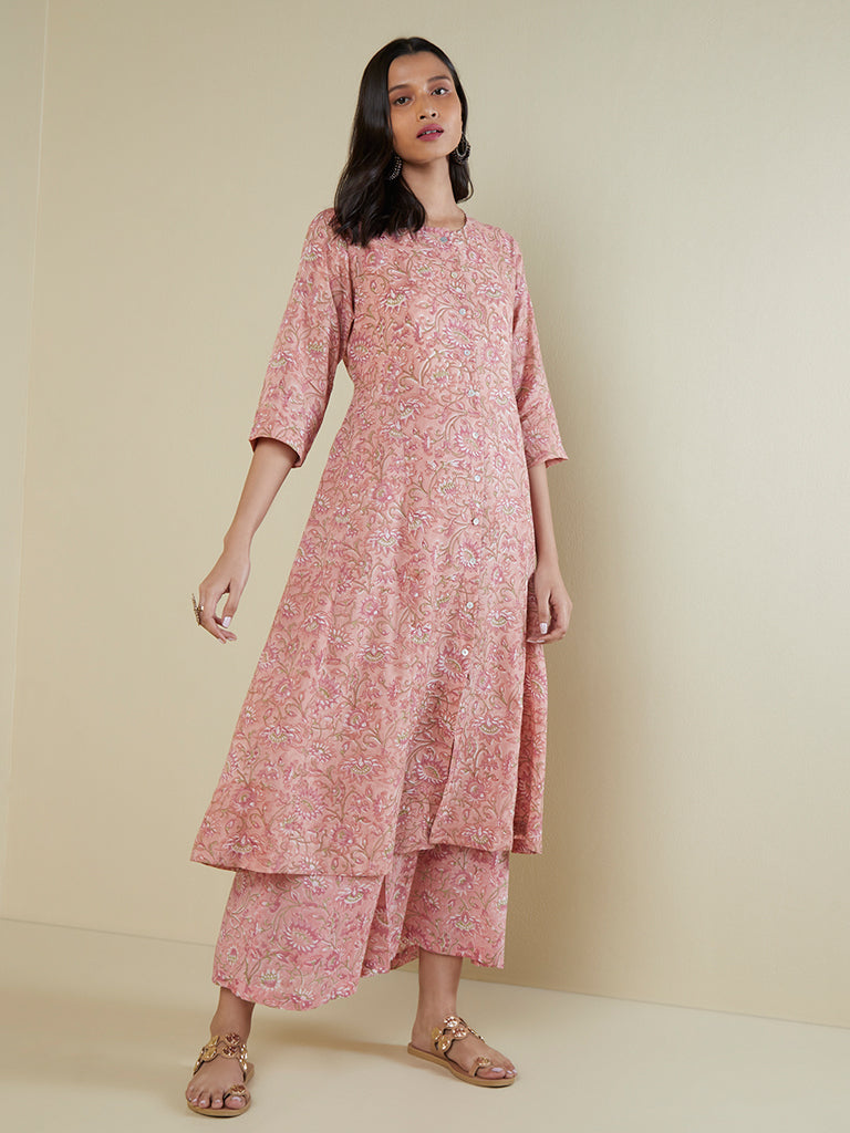 Zuba Peach Floral-Printed A-Line Kurta - Image 3