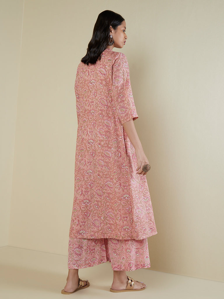Zuba Peach Floral-Printed A-Line Kurta - Image 4
