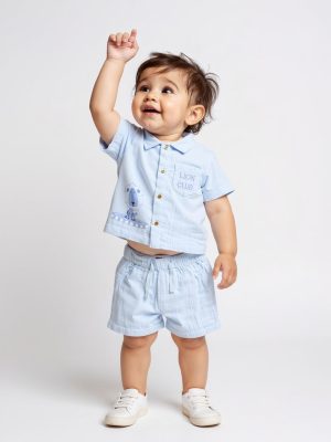 HOP Baby Light Blue Animal Design Cotton Shirt and Shorts Set