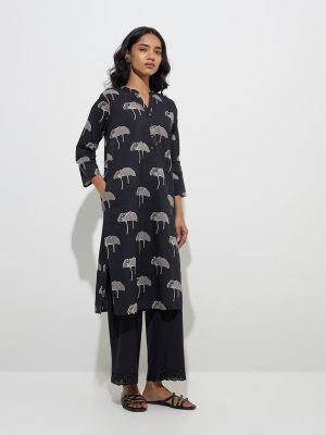 Utsa Black Crochet-Detailed Cotton Ethnic Pants 