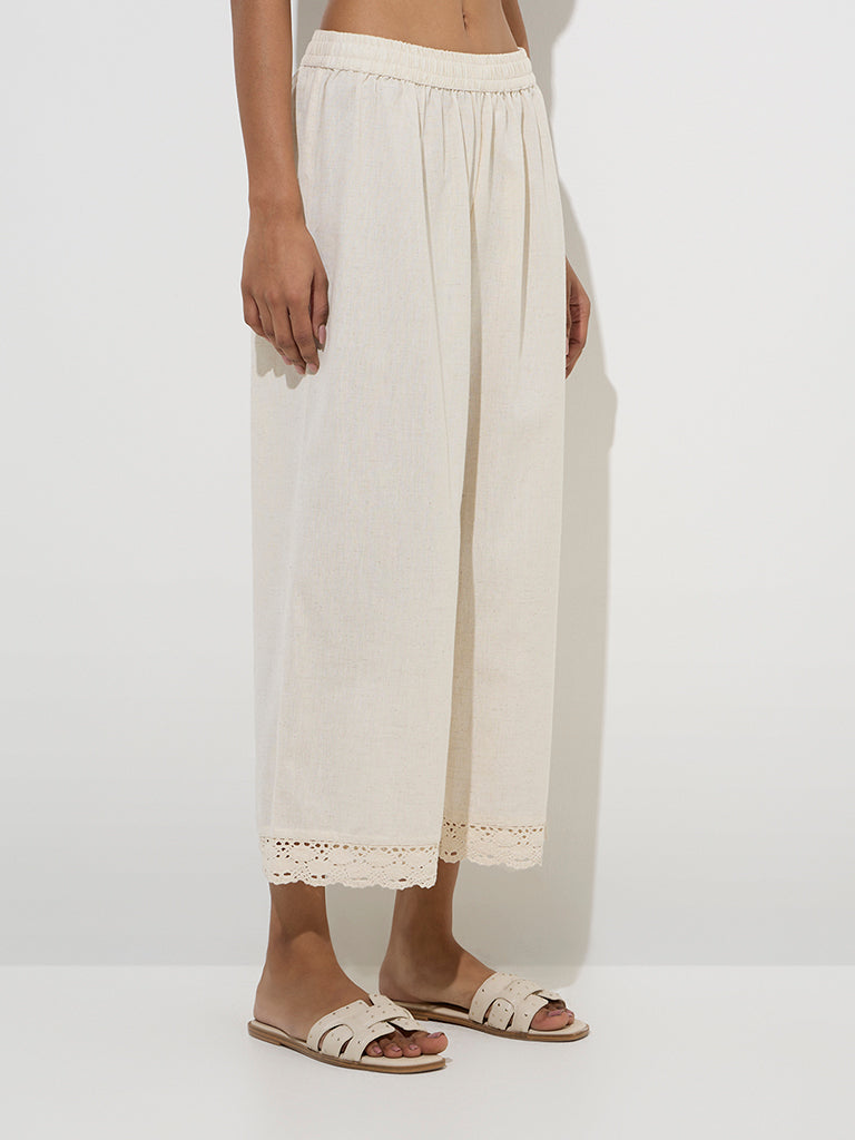 Utsa Off-White Crochet-Detailed Cotton Ethnic Palazzos - Image 2