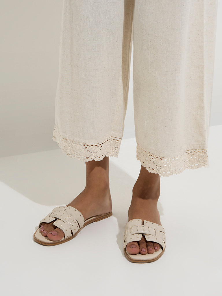 Utsa Off-White Crochet-Detailed Cotton Ethnic Palazzos - Image 3