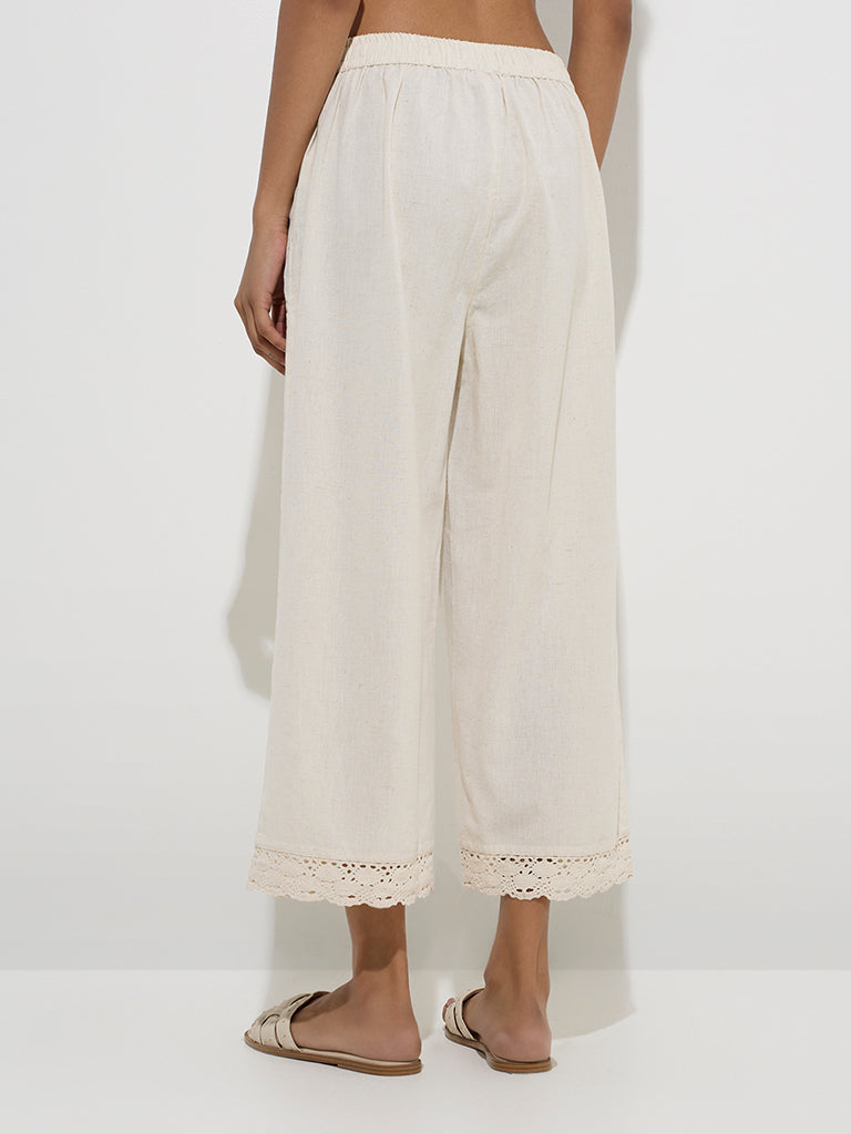 Utsa Off-White Crochet-Detailed Cotton Ethnic Palazzos - Image 4