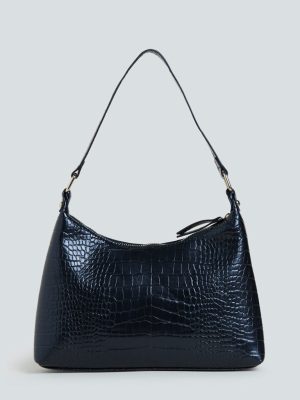 LOV Black Croc-Textured Shoulder Bag