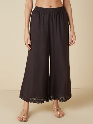 Utsa Black Crochet-Detailed Flared Palazzos