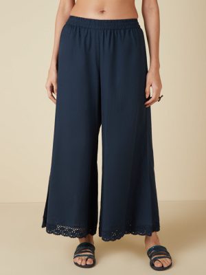 Utsa Indigo Crochet-Detailed Flared Palazzos