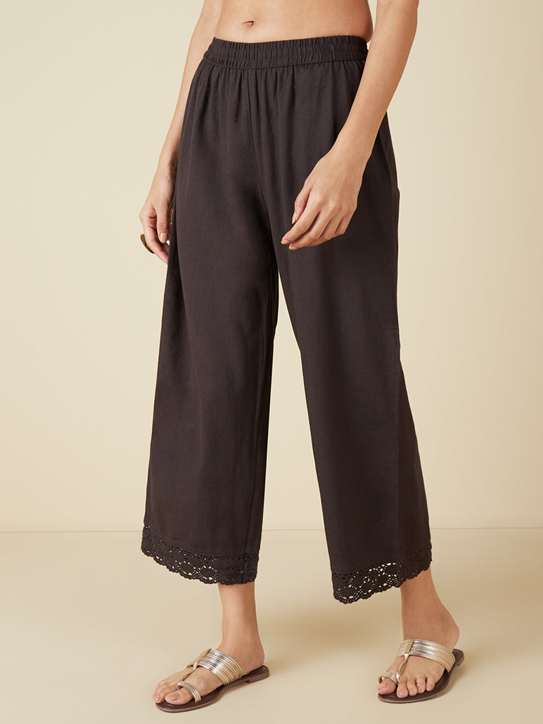 Utsa Charcoal Crochet-Detailed Cropped Palazzos