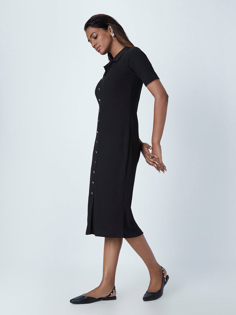 Wardrobe Black Ribbed Shirt Dress - Image 3