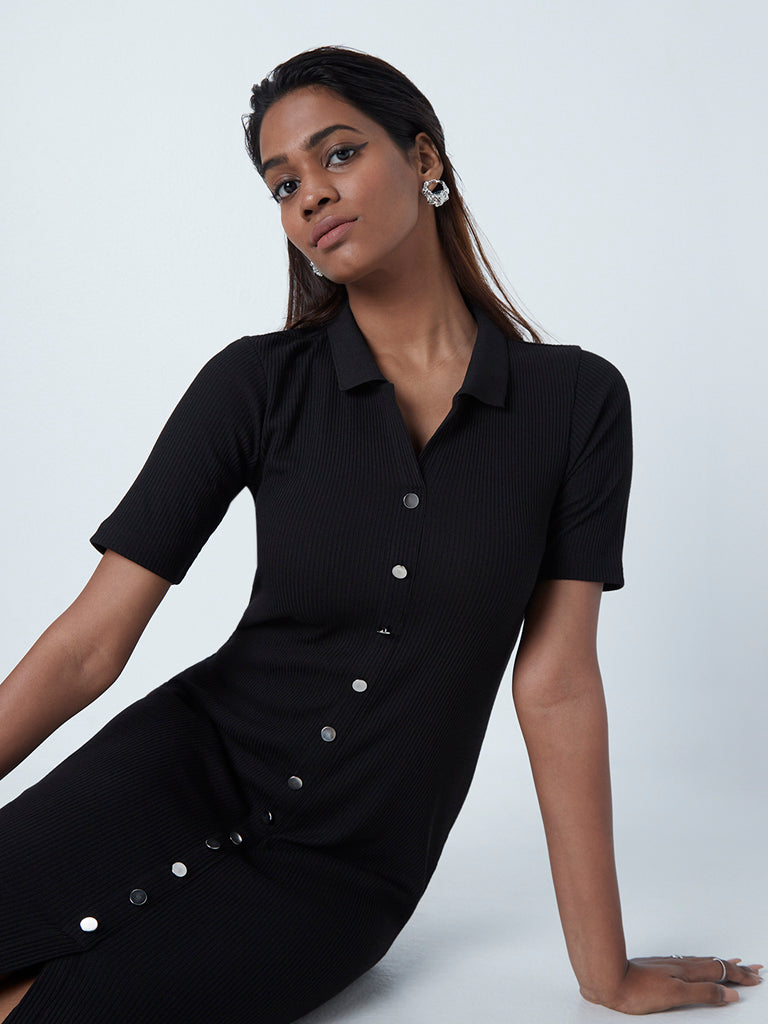 Wardrobe Black Ribbed Shirt Dress - Image 2