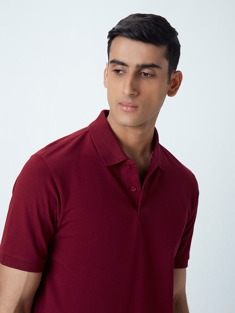 WES Casuals Maroon Cotton-Blend Relaxed-Fit Polo T-Shirt - Image 3
