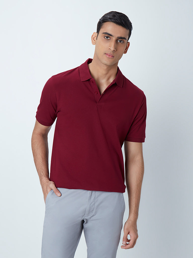 WES Casuals Maroon Cotton-Blend Relaxed-Fit Polo T-Shirt