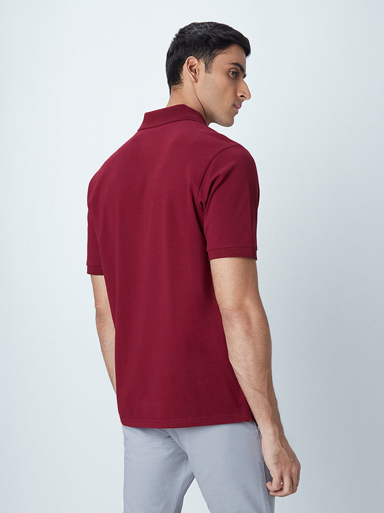 WES Casuals Maroon Cotton-Blend Relaxed-Fit Polo T-Shirt - Image 5