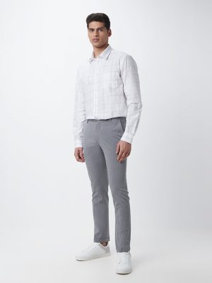 WES Formals Grey Striped Slim-Fit Mid-Rise Trousers