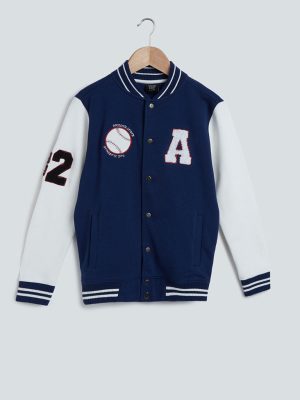 Y&F Kids Navy Printed Cotton-Blend Varsity Jacket