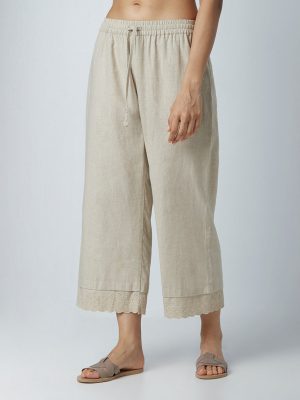 Zuba Beige Scalloped Pattern Linen-Blend Palazzos