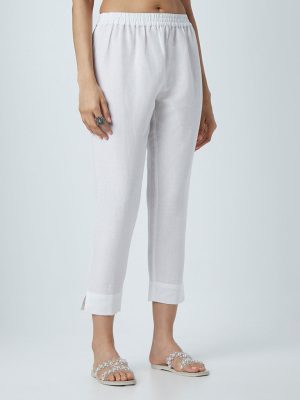 Zuba White Ethnic Linen-Blend Pants