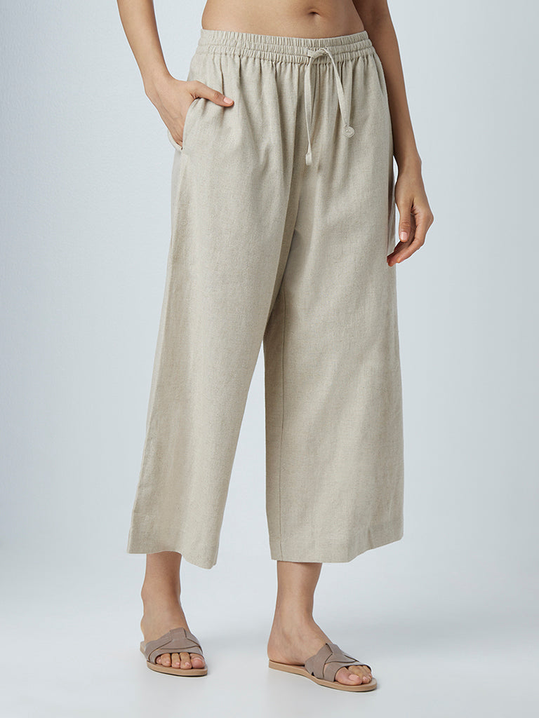 Zuba Beige Cotton-Blend Wide-Leg Palazzos