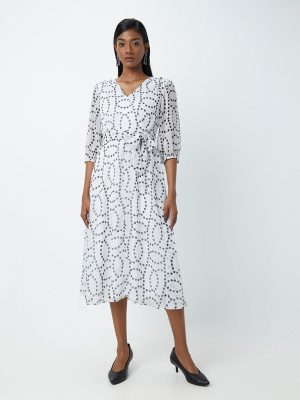 Wardrobe White Printed Wrap Dress With Belt