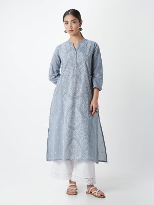 Utsa Blue Floral Print A-Line Kurta