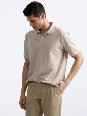 WES Casuals Plain Beige Polo Neck Cotton-Blend Relaxed-Fit T-Shirt