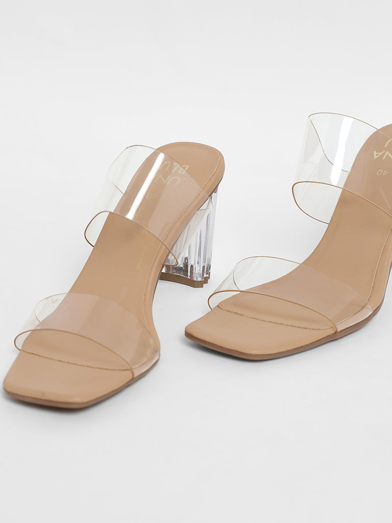 LUNA BLU Double Band Vinyl Beige Heels Sandals - Image 3