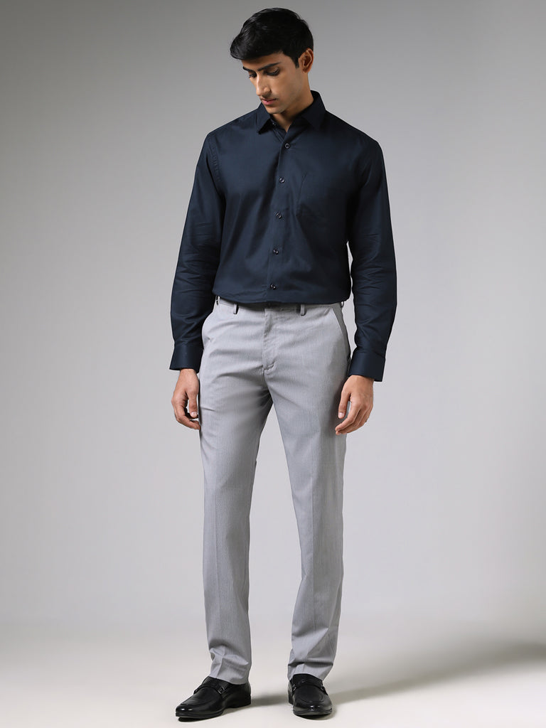 WES Formals Dobby Navy Cotton Relaxed-Fit Shirt - Image 4