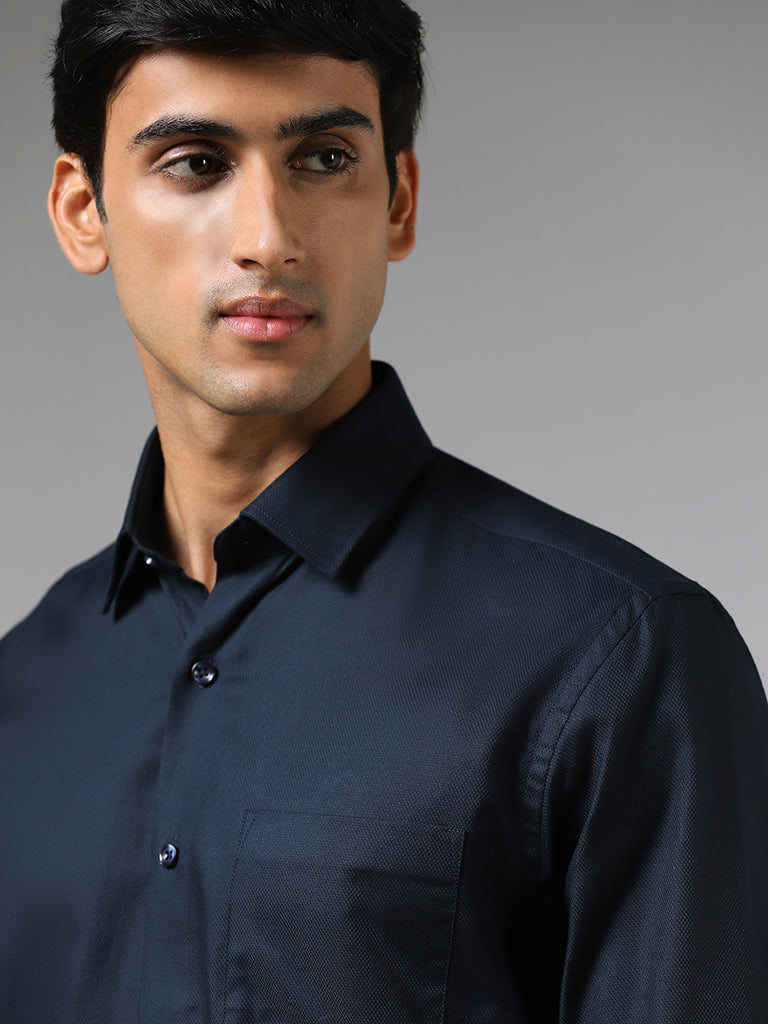 WES Formals Dobby Navy Cotton Relaxed-Fit Shirt - Image 3