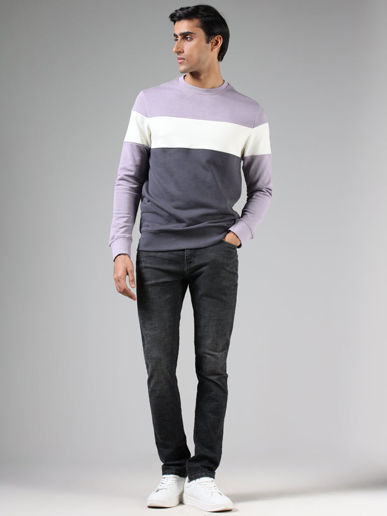 WES Casuals Lilac & Charcoal Colorblock Cotton Blend Relaxed-Fit Sweatshirt - Image 4