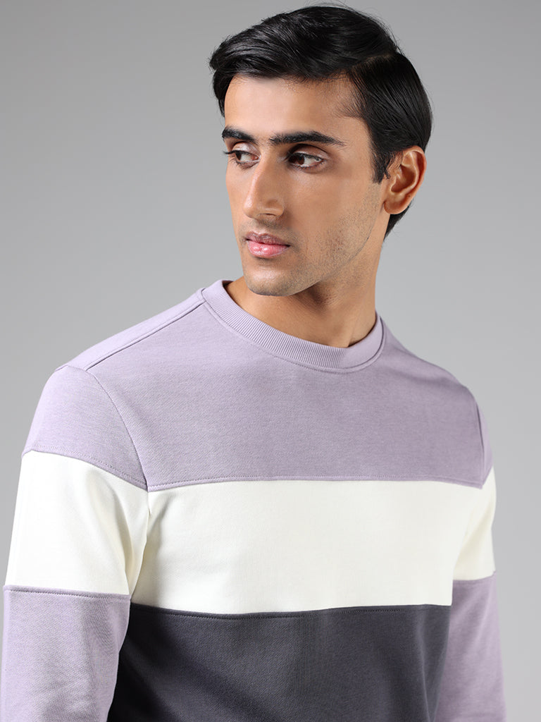 WES Casuals Lilac & Charcoal Colorblock Cotton Blend Relaxed-Fit Sweatshirt - Image 3