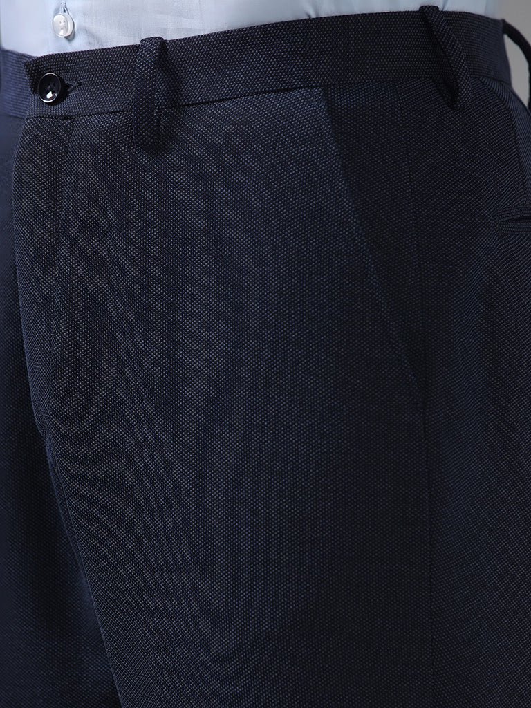 WES Formals Navy Self Textured Slim-Fit Mid-Rise Trousers - Image 3