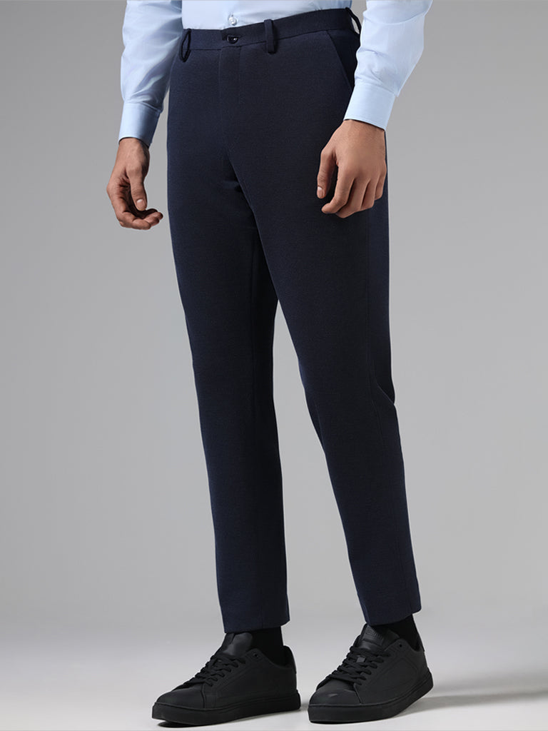 WES Formals Navy Self Textured Slim-Fit Mid-Rise Trousers - Image 4