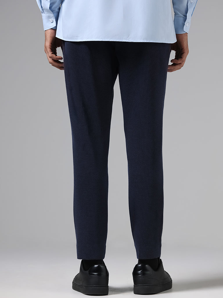 WES Formals Navy Self Textured Slim-Fit Mid-Rise Trousers - Image 5