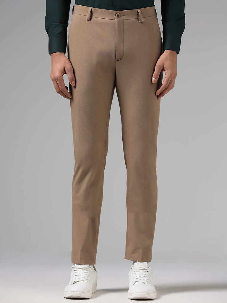 WES Formals Solid Dark Khaki Ultra Slim-Fit Mid-Rise Trousers - Image 3