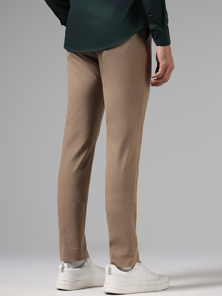 WES Formals Solid Dark Khaki Ultra Slim-Fit Mid-Rise Trousers - Image 4