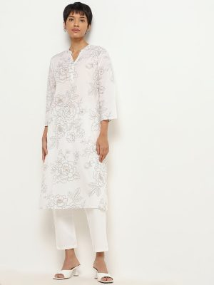 Utsa White Cotton-Blend Straight-Leg Pants