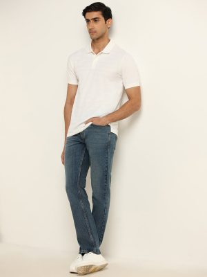 WES Casuals Blue Washed Relaxed-Fit Mid-Rise Jeans