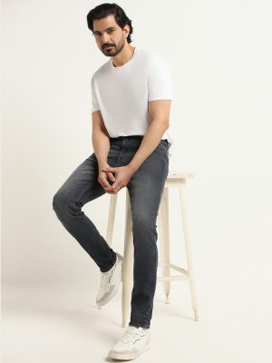 WES Casuals Dark Grey Wash Slim-Fit Mid-Rise Jeans