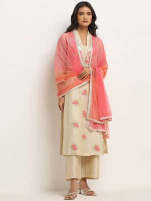 Vark Beige Floral Straight Kurta. Ethnic Pants & Dupatta Set