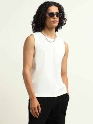 Nuon White Ribbed Slim Fit Cotton T-Shirt