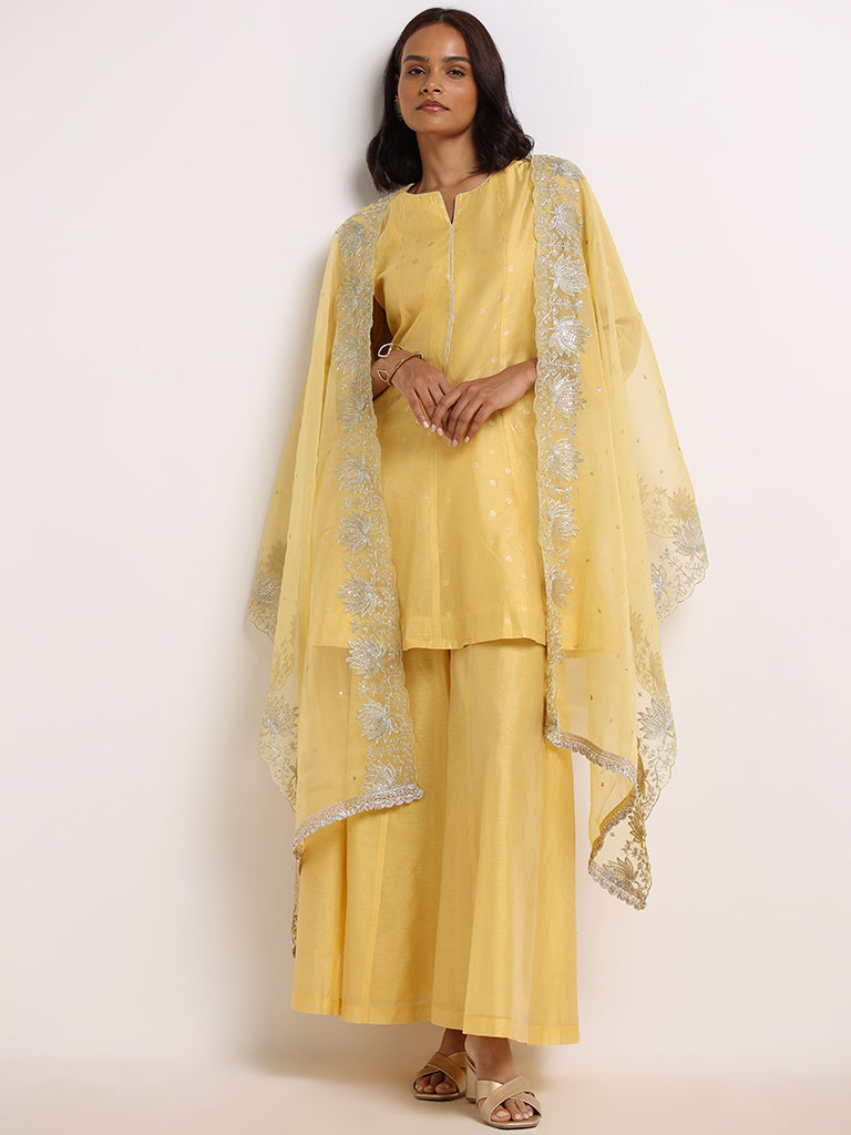 Vark Yellow Printed Kurti. Palazzos & Dupatta Set