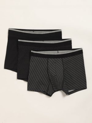 WES Lounge Black Printed Cotton-Blend Relaxed Fit Trunks - Pack of 3