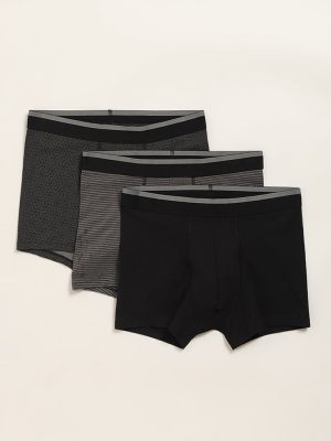 WES Lounge Black Printed Cotton-Blend Relaxed Fit Trunks - Pack of 3